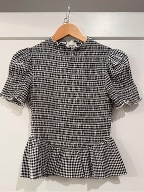 Reformation Black & White Gingham Smocked Peplum Top